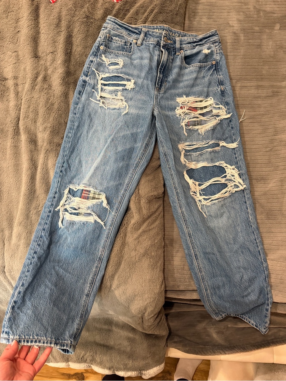 American Eagle Outfitters Light Blue Distressed Boyfriend Jeans with Plaid Patch